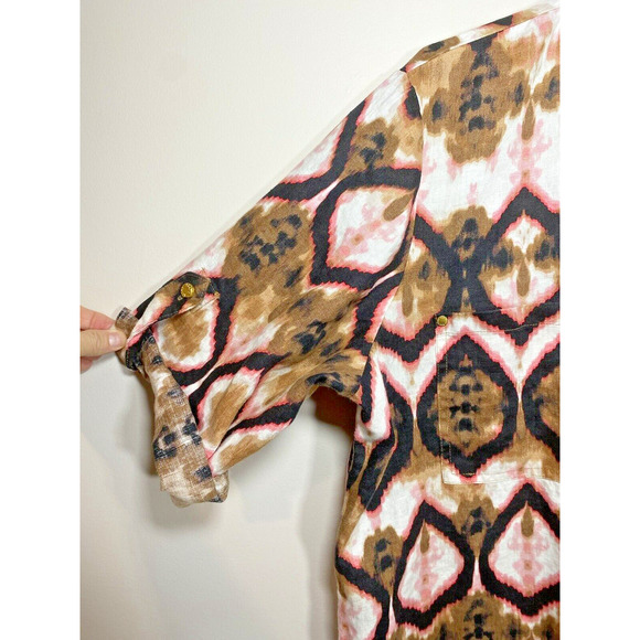 Ellen Tracy Ikat Print Linen Tunic Blouse Rollback Sleeves Pocket Women's XLARGE - Picture 3 of 10